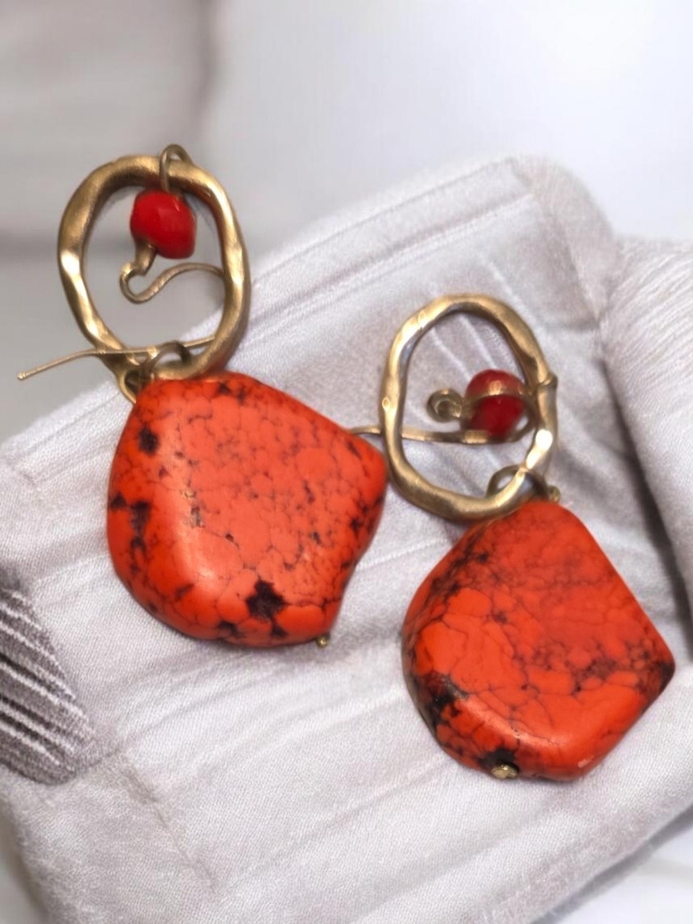 Bold Orange Stone Drop Earrings with Gold-Tone Organic Hoops